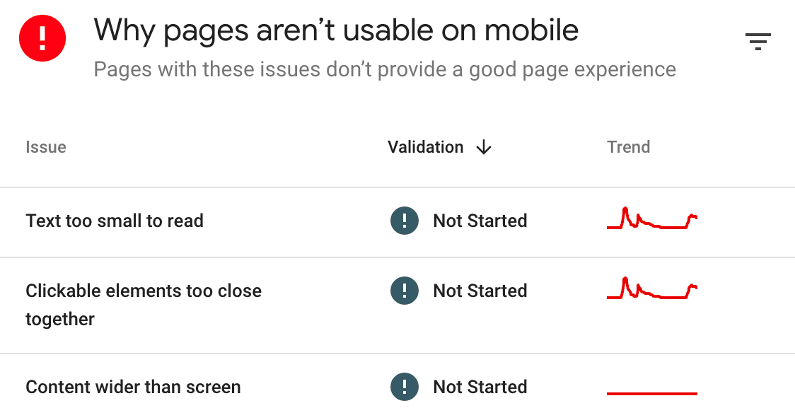 "Why pages aren’t usable on mobile" section of Mobile Usability report