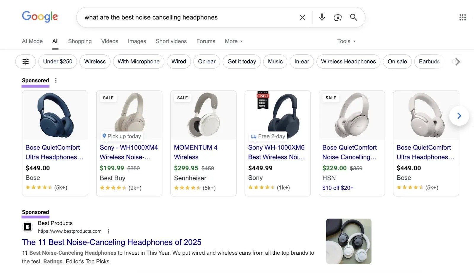 Google SERP for the term "what are the best noise cancelling headphones" surfacing product listing ads followed by a paid search ad at the top.