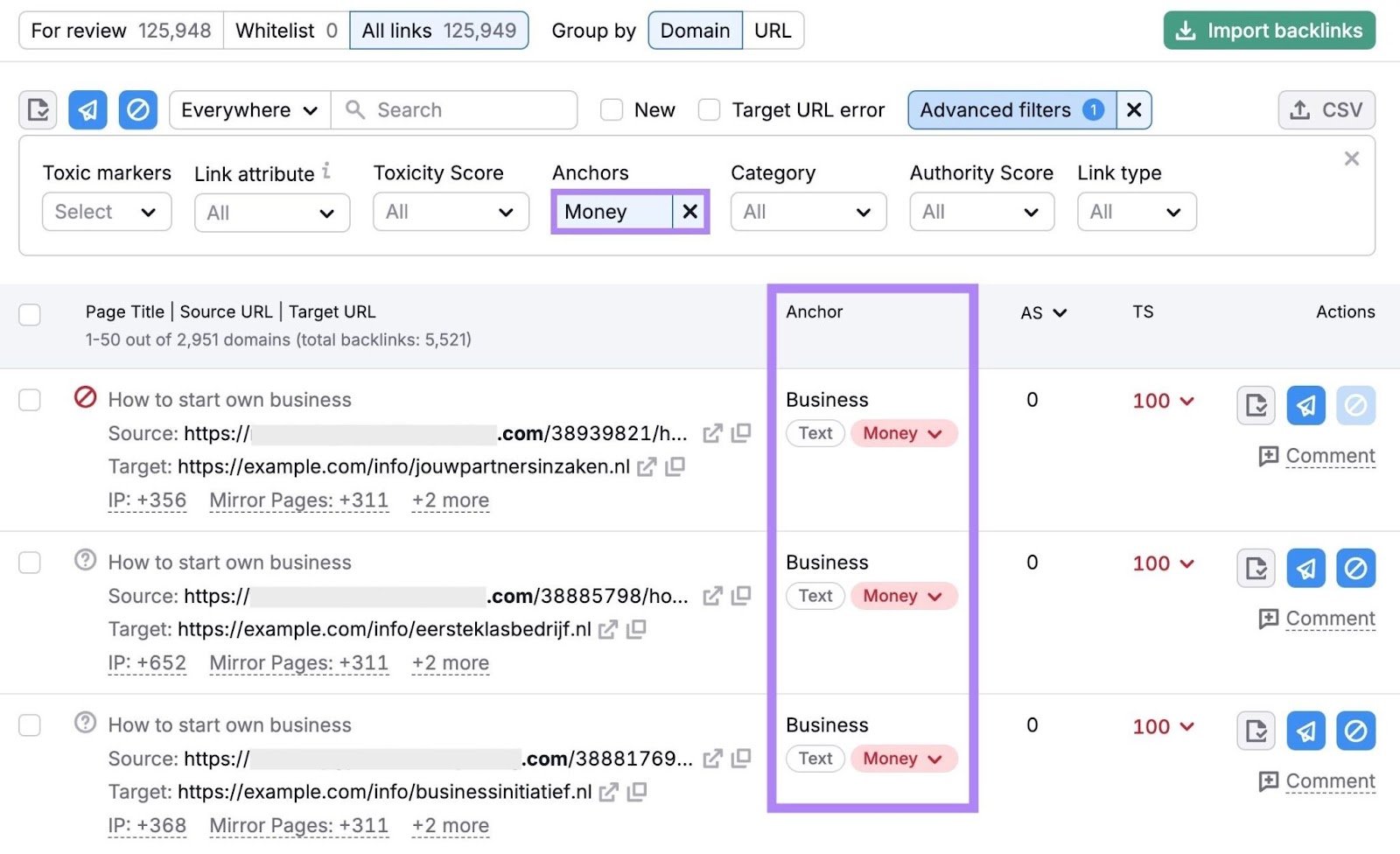 A list of backlinks a domain receives with the "Anchors" filter applied and the "Anchor" column highlighted.