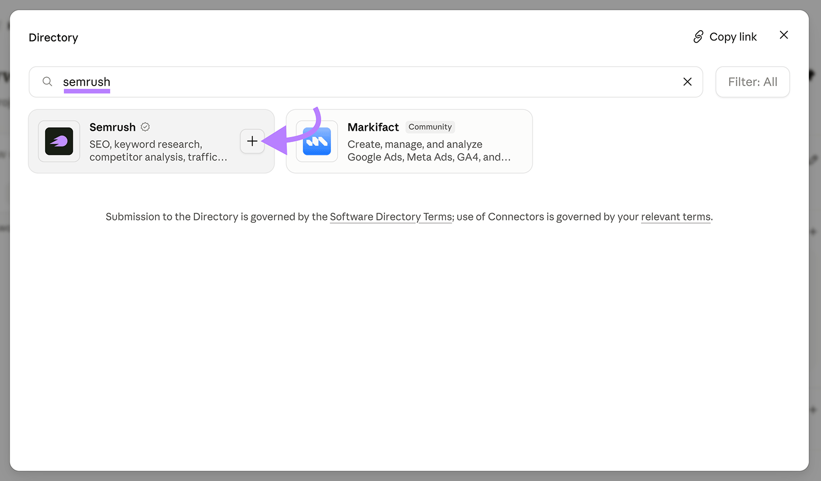 Claude connector directory search results for Semrush, with the button to add the Semrush connector highlighted