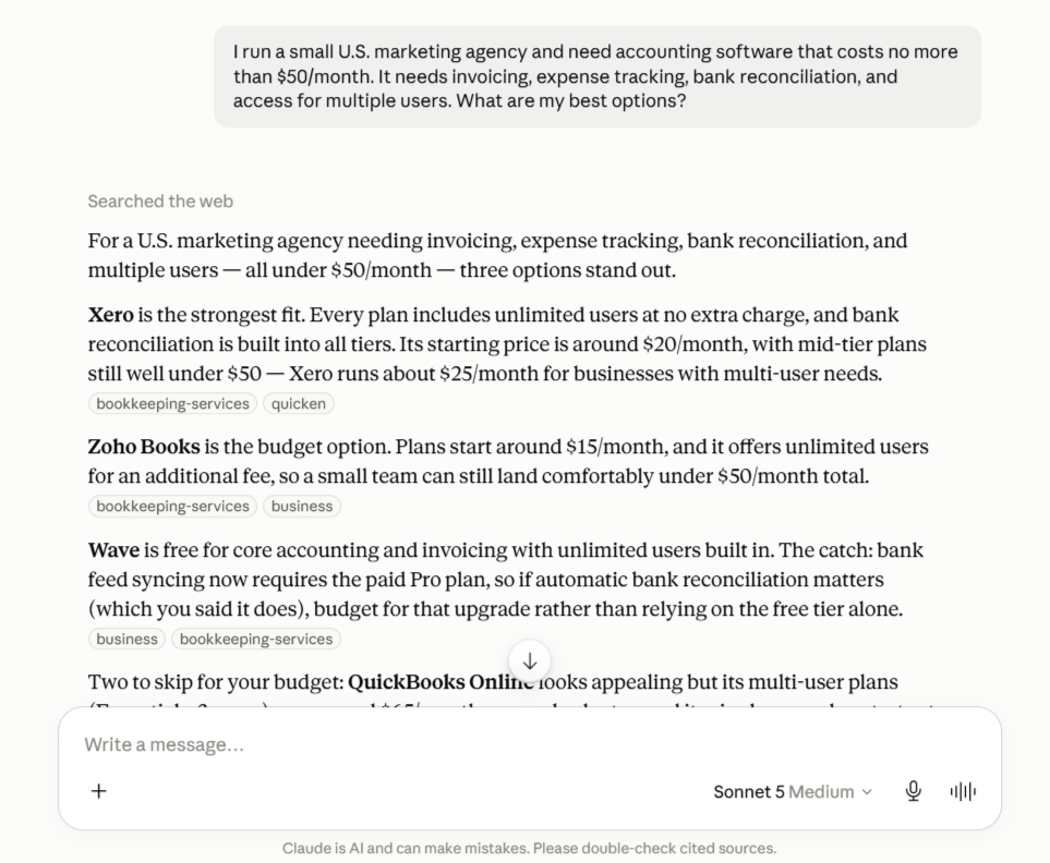 Claude recommends Xero, Zoho Books, and Wave for a U.S. marketing agency needing accounting software under $50 per month