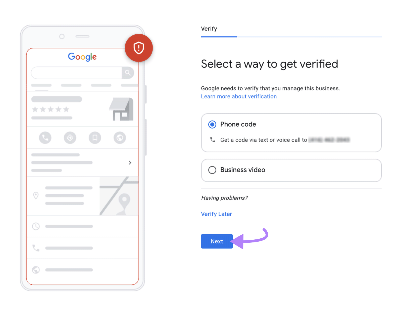 Verification page with options for phone code or business video and arrow pointing to “Next” button.