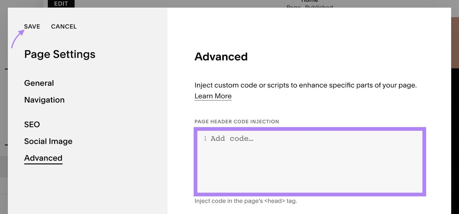 Advanced settings for a page on Squarespace with the 'Page Header Code Injection' table and the 'Save' button highlighted.