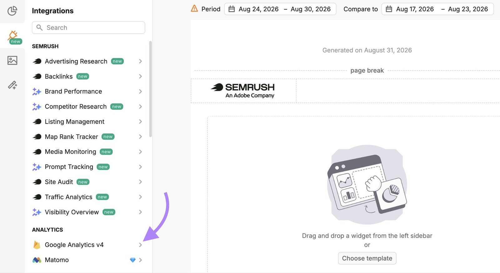 "Google Analytics v4" highlighted on the Integrations menu on My Reports.