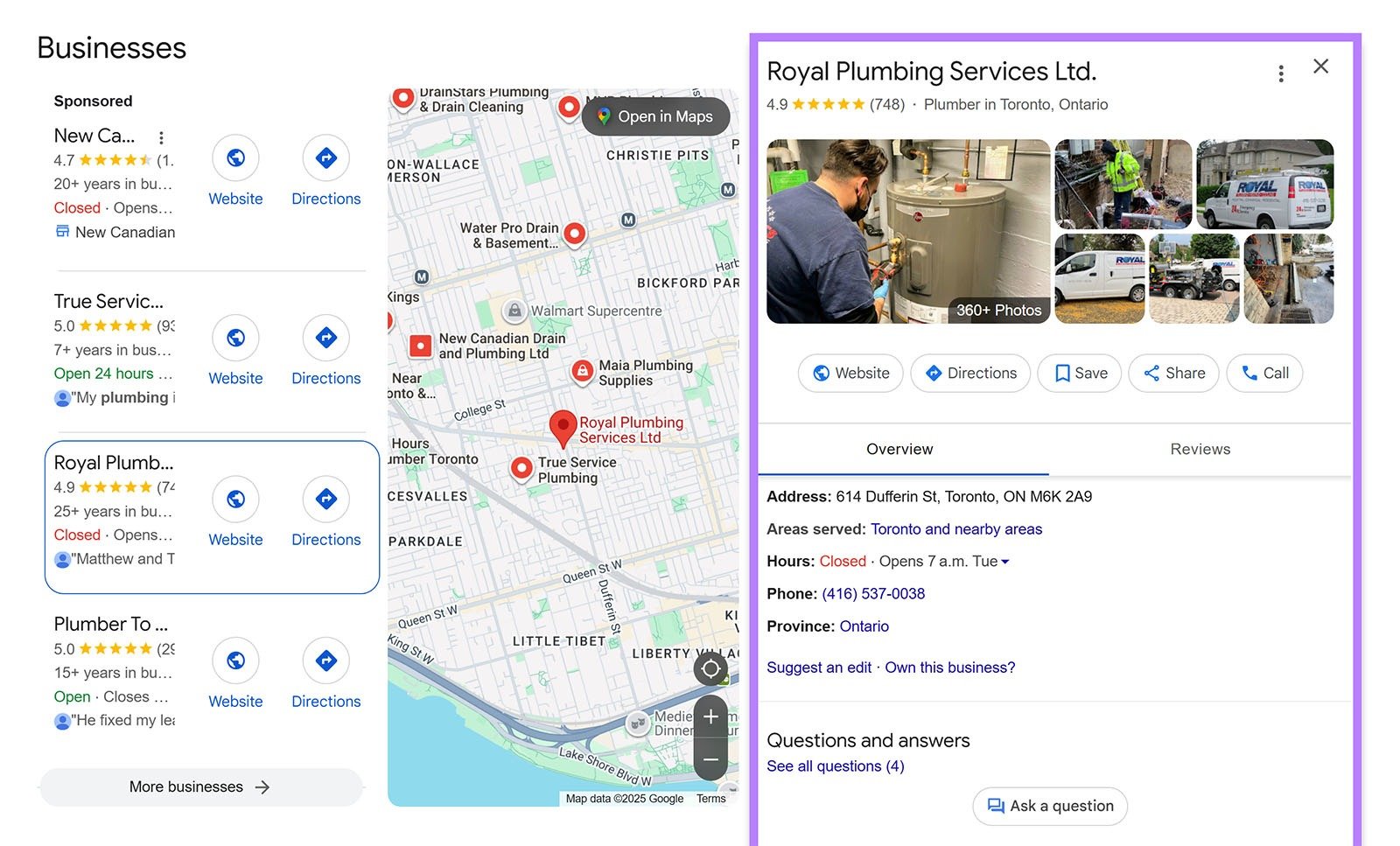 Google businesses with Royal Plumbing profile highlighted on the right.