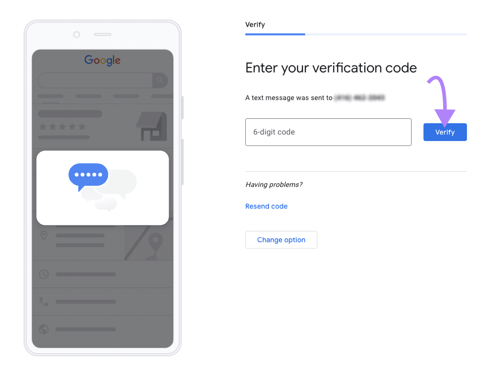 Verification page with input box for 6-digit code and arrow pointing to “Verify” button.