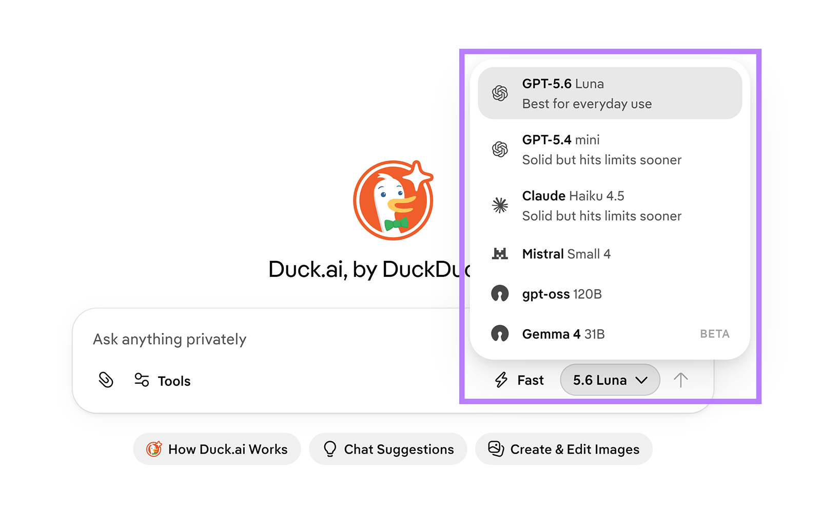 Duck.ai model selector showing GPT, Claude, Mistral, Gemma, and other available AI models