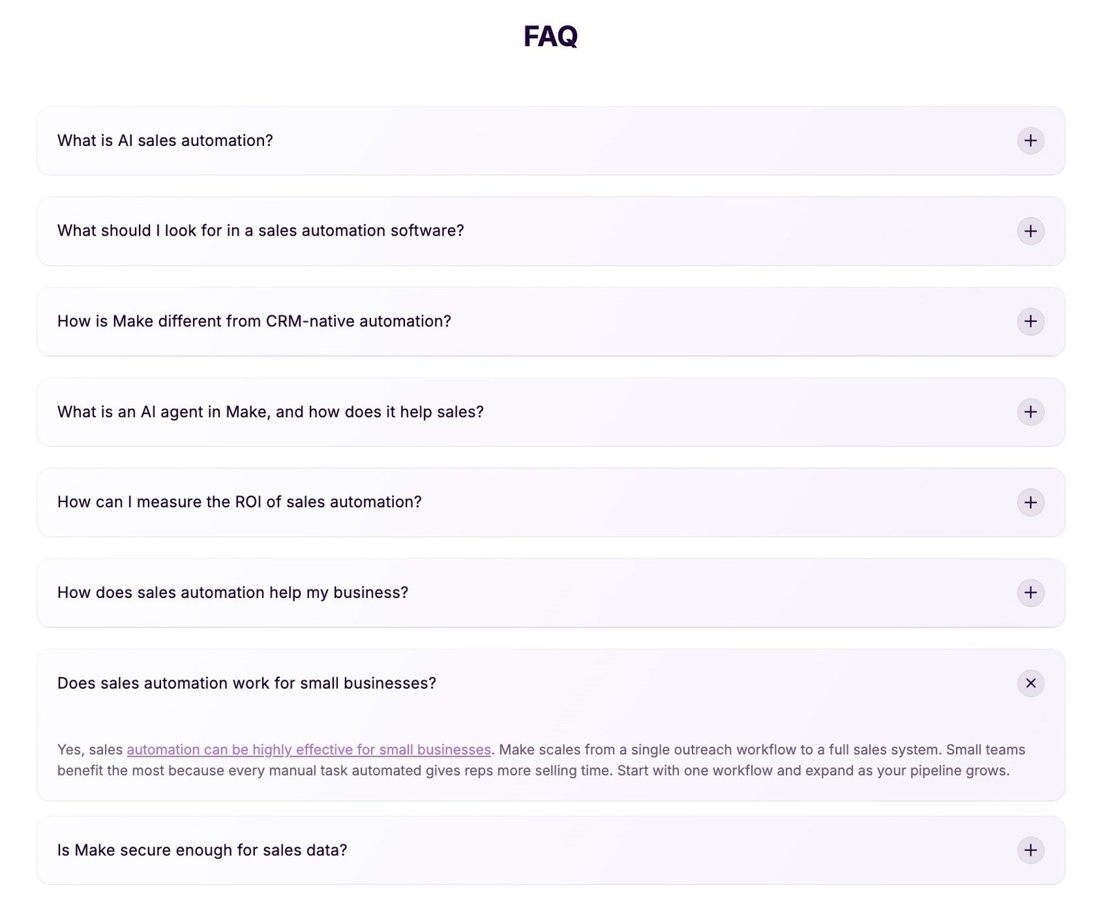 The FAQ section of an agent-friendly page addressing common user queries about sales automation.