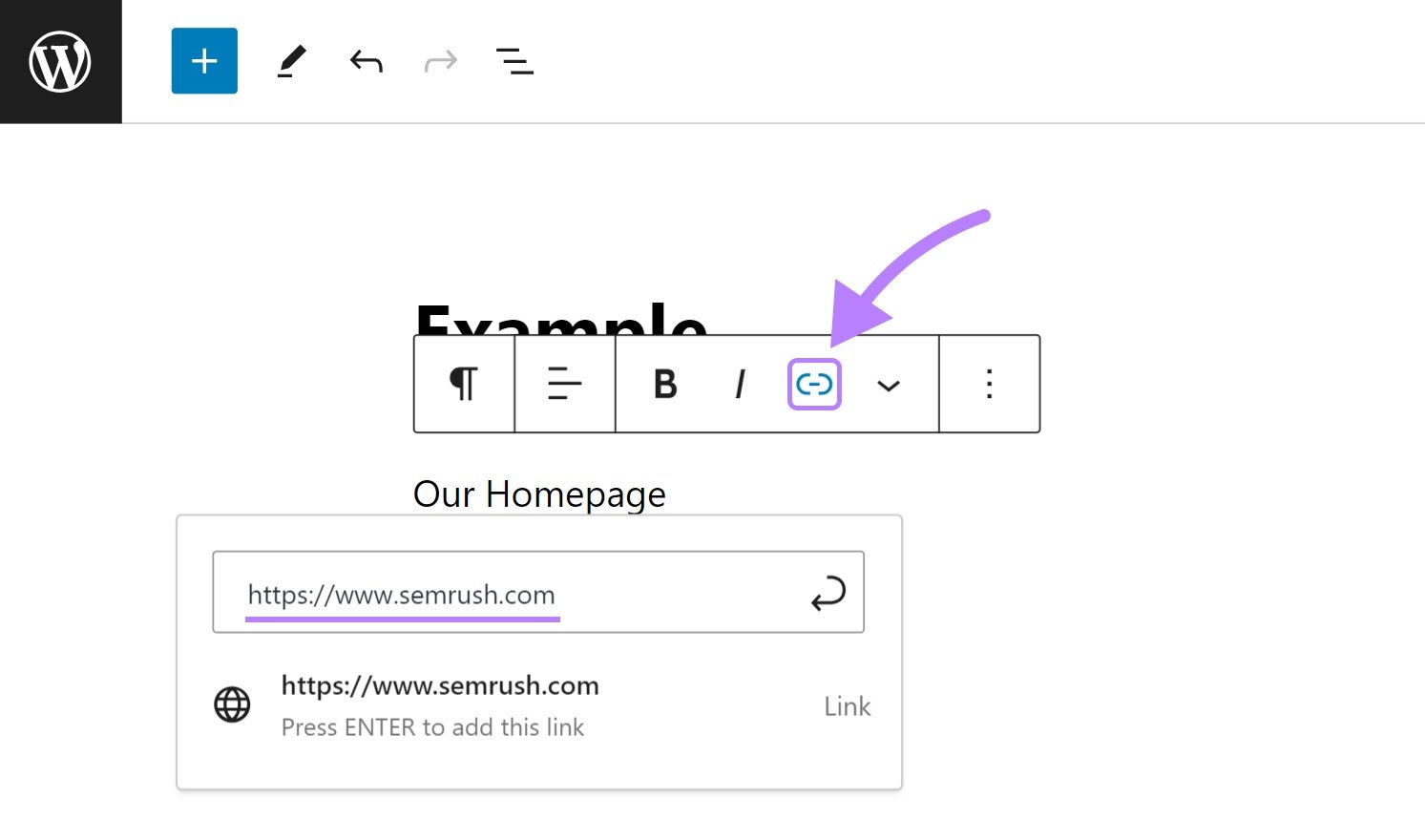 Linking "Our Homepage" text to "semrush-4.ahsanprinters.com" in WordPress editor