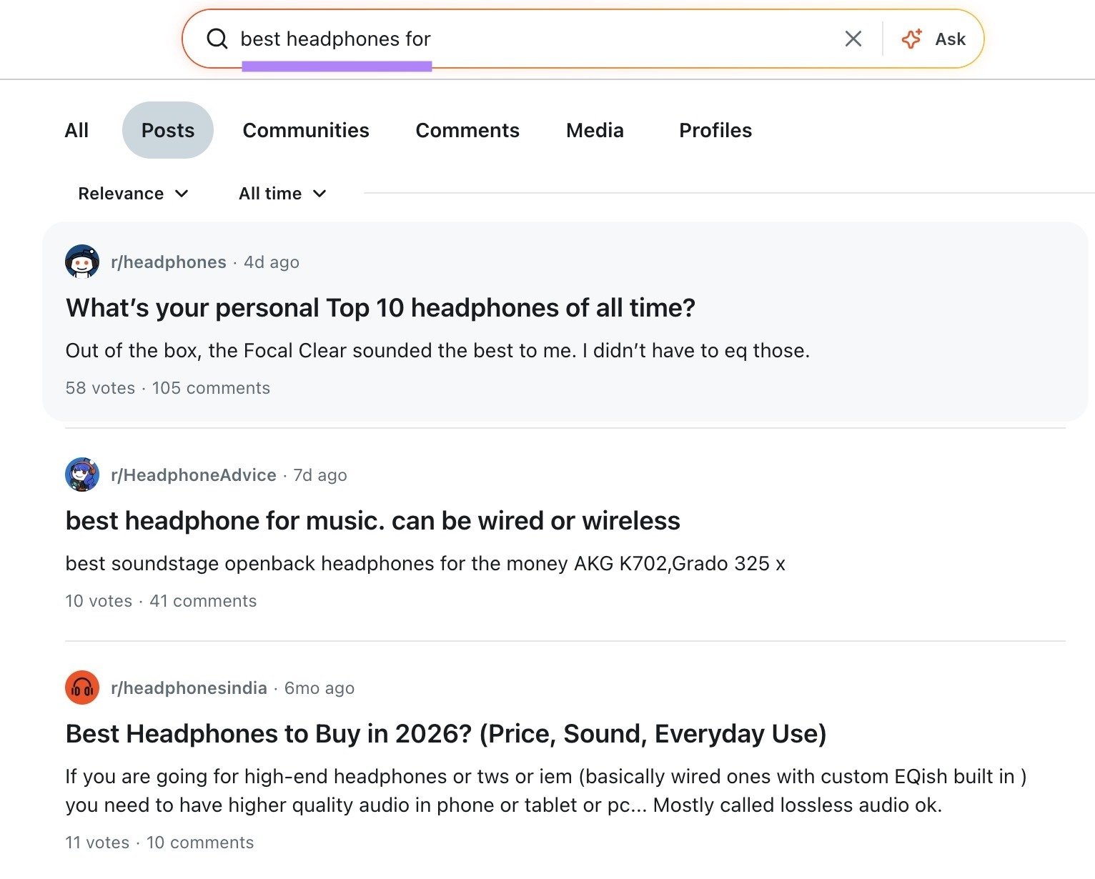 "best headphones for" entered on Reddit showing a list of relevant posts.