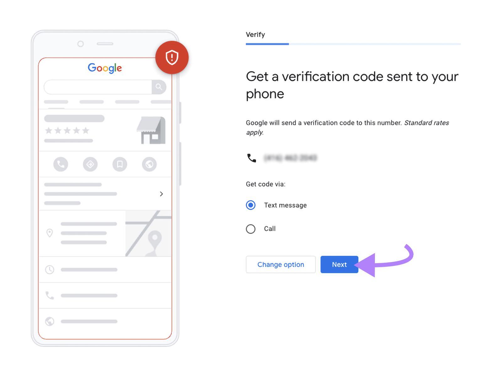 Verification page showing phone number and text or call options with arrow pointing to “Next” button.
