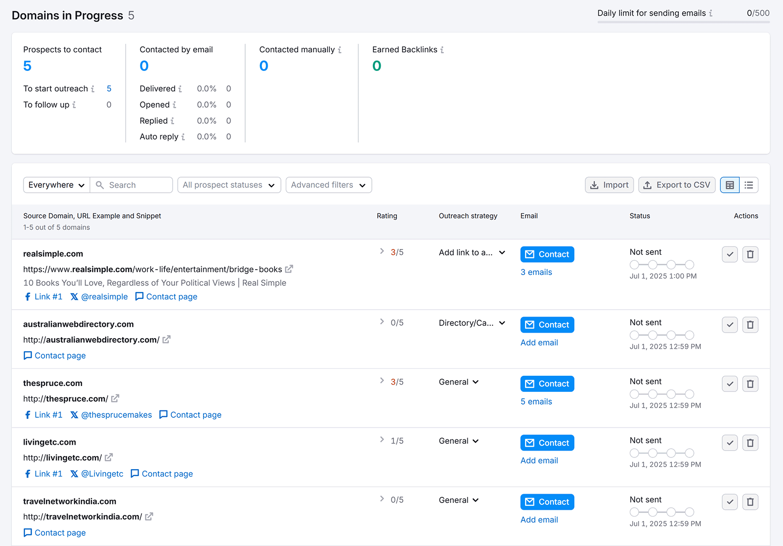 Link Building tool outreach dashboard showing sites being contacted for backlinks with status and emails