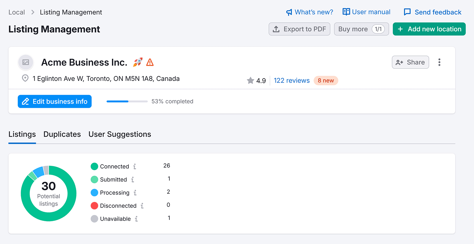 Semrush Listing Management dashboard with tools for editing business details.