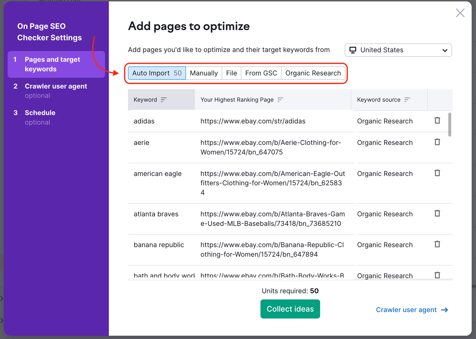 The On Page SEO Checker set up campaign window with the option to add target pages highlighted at the top.