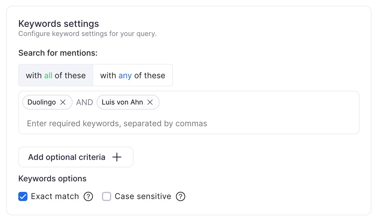 Keyword settings in Brand Monitoring with the logic operator With all of these selected.