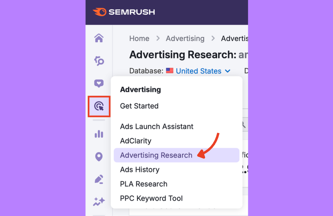 Semrush sidebar with Advertising Research selected.
