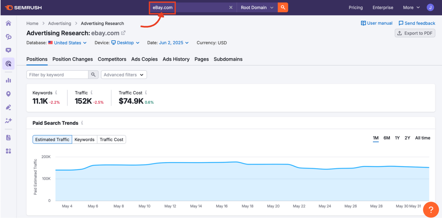 The main search bar in Advertising Research with a competitor domain entered.
