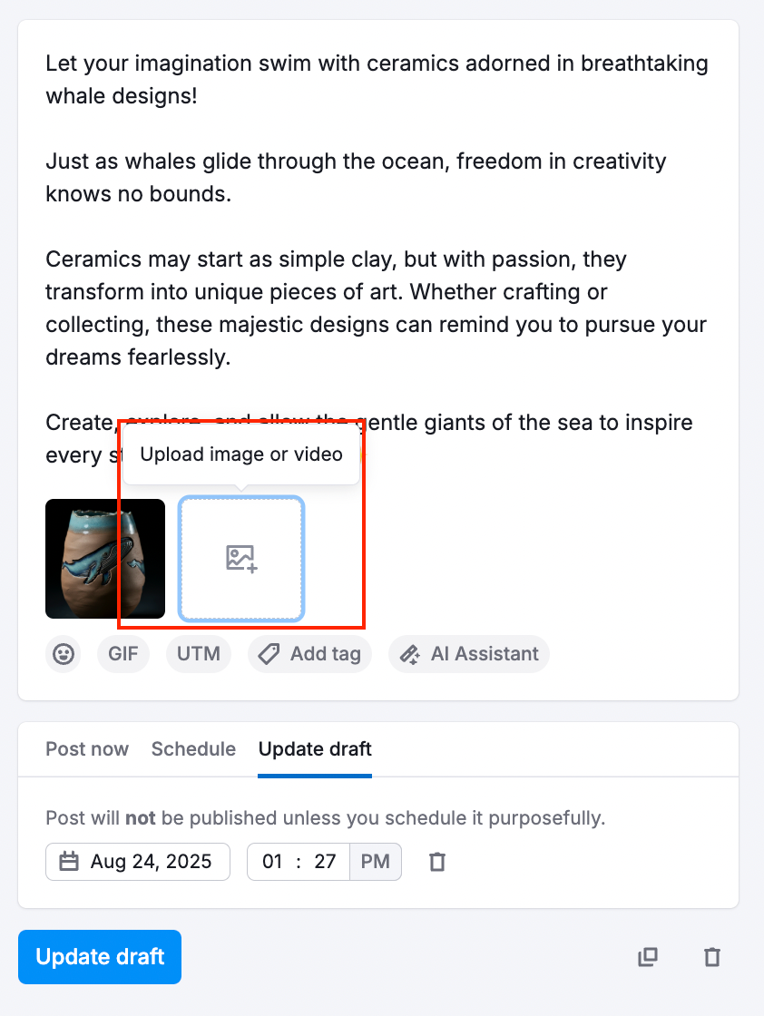An image box Upload image or video at the bottom of the Post editor.
