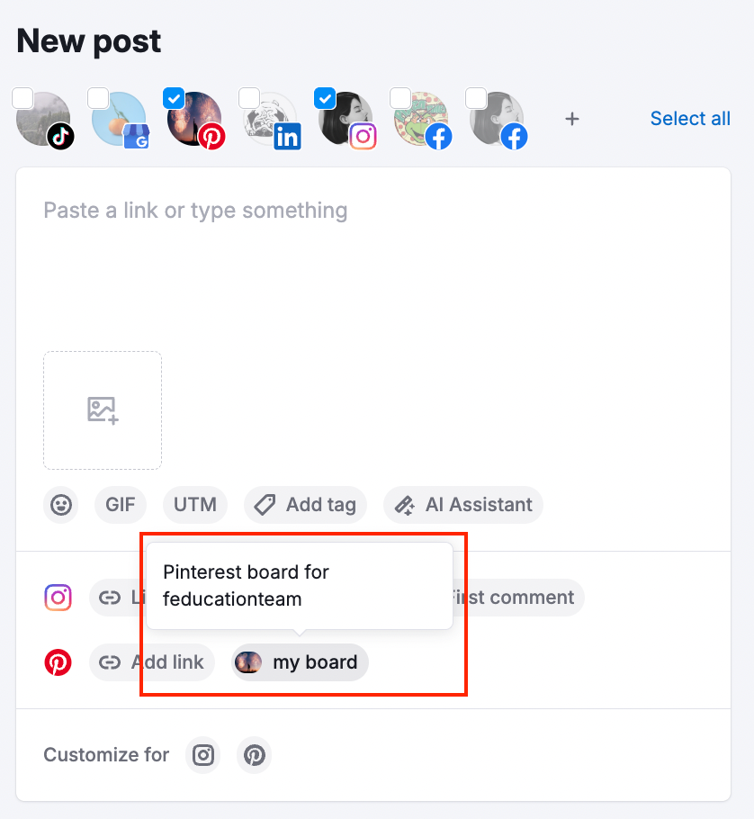 Post editor in Social Poster. Under the text field, the My board button is highlighted.
